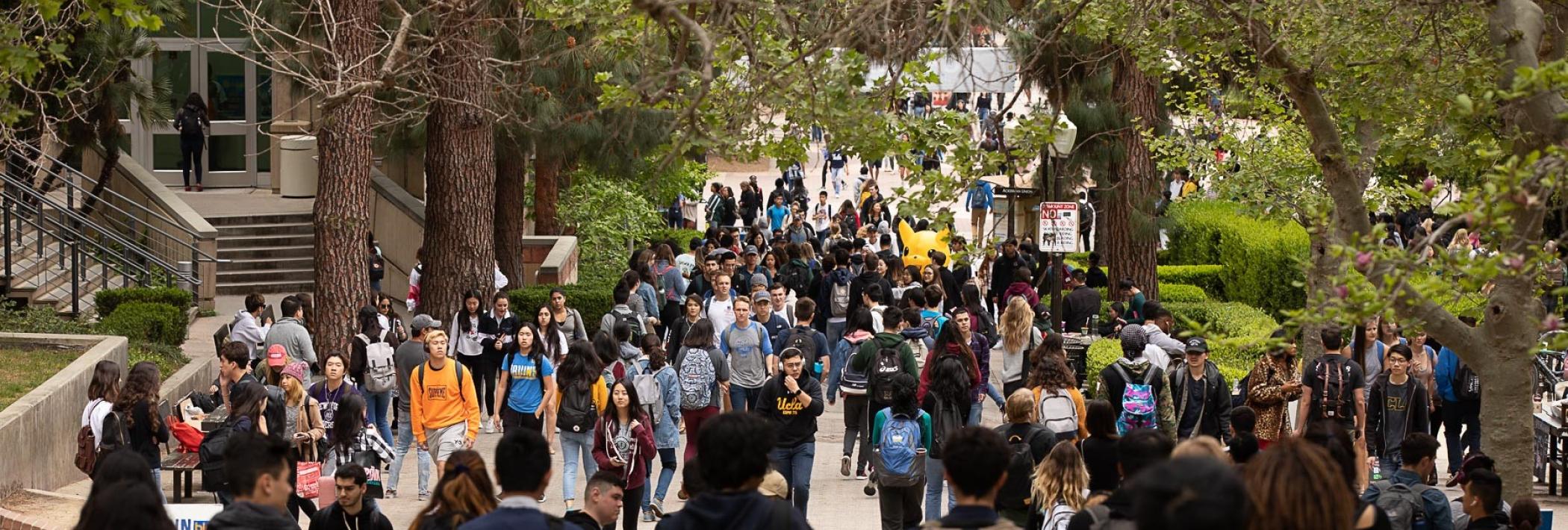Bruin Walk pathway with many students walking